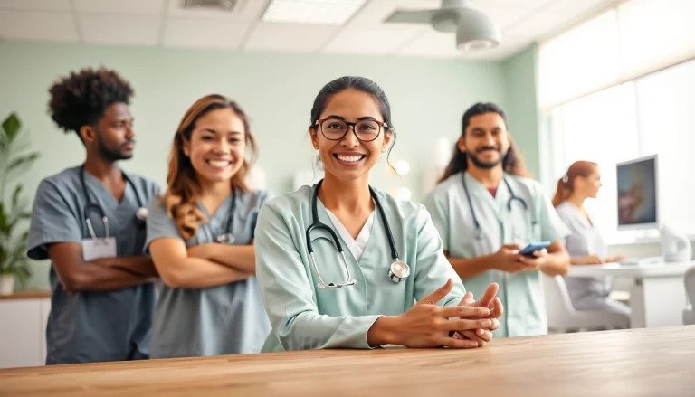 Engaged healthcare professionals promoting health in a welcoming clinic environment.