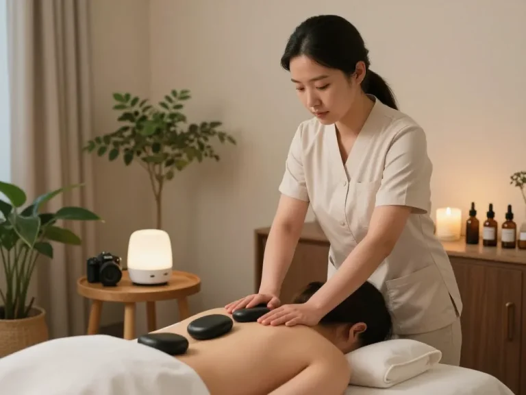 평화로운 웰니스 스파에서 논현동마사지의 관행을 보여주는 진정되는 마사지 치료 세션의 휴식 장면.