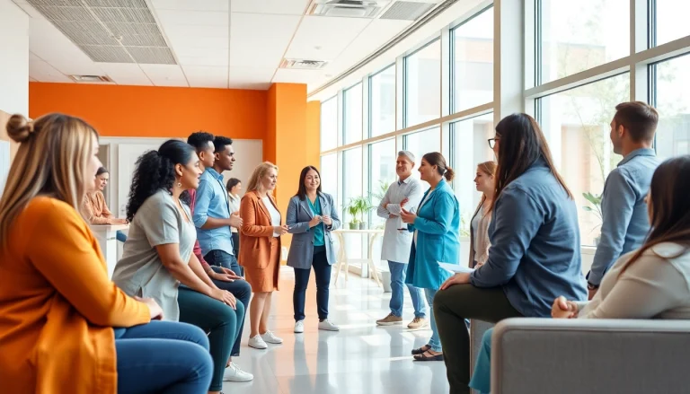 Health discussion in a vibrant clinic with diverse patient engagement.