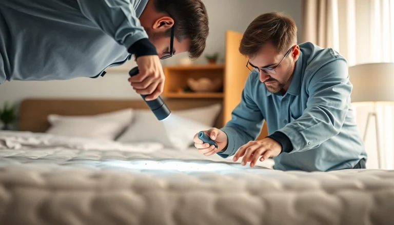 Assessing bed bug treatment cost with a technician inspecting a mattress for bed bugs.
