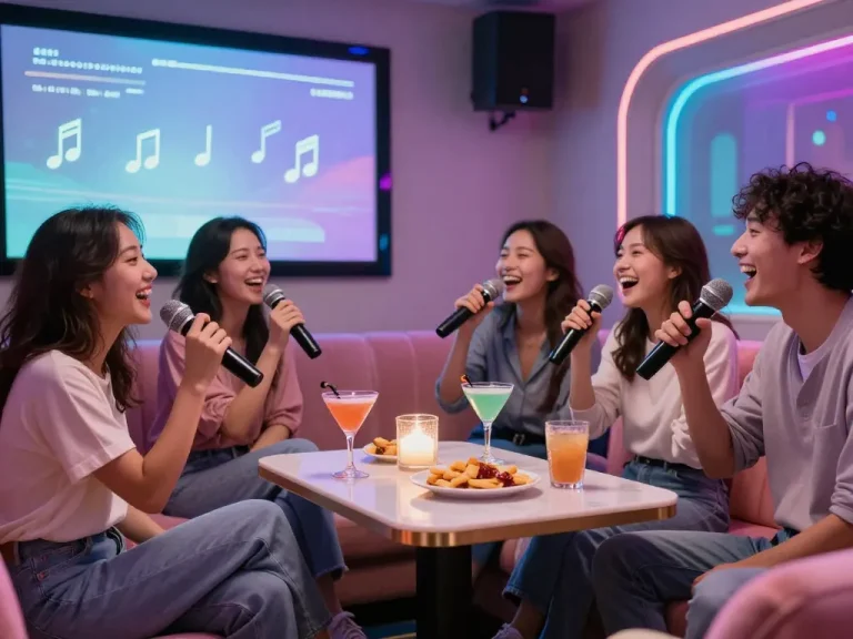 생기 넘치는 분위기와 칵테일이 있는 3no.org/seo 라운지에서 노래방을 즐기는 그룹.