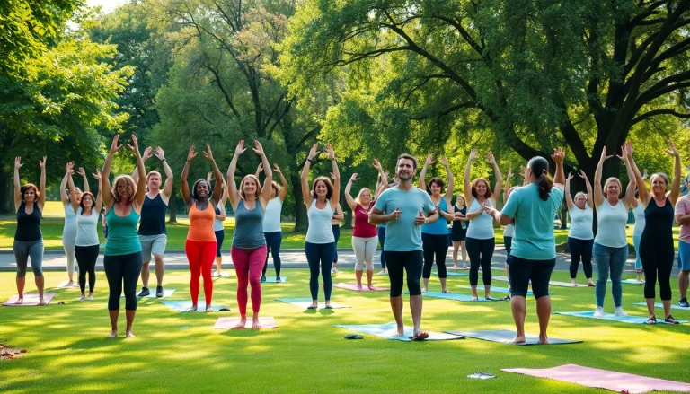 Engaged community promoting health through outdoor fitness activities and yoga classes.