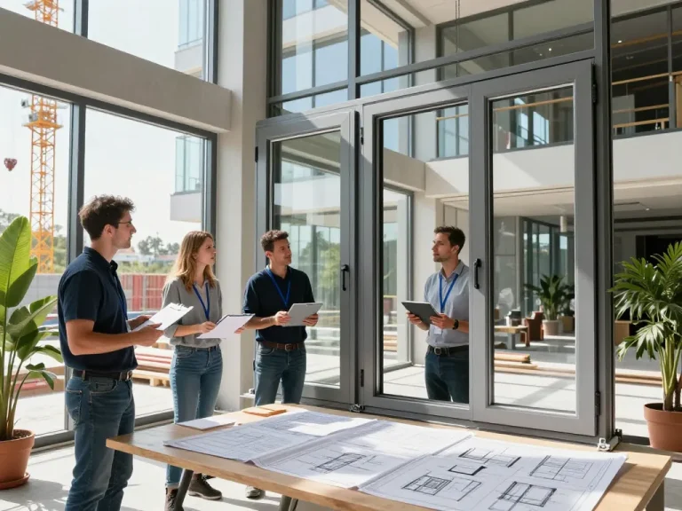 Präsentation von fenster schüco Aluminiumfenstern mit Fachleuten, die Designs auf einer modernen Baustelle inspizieren.