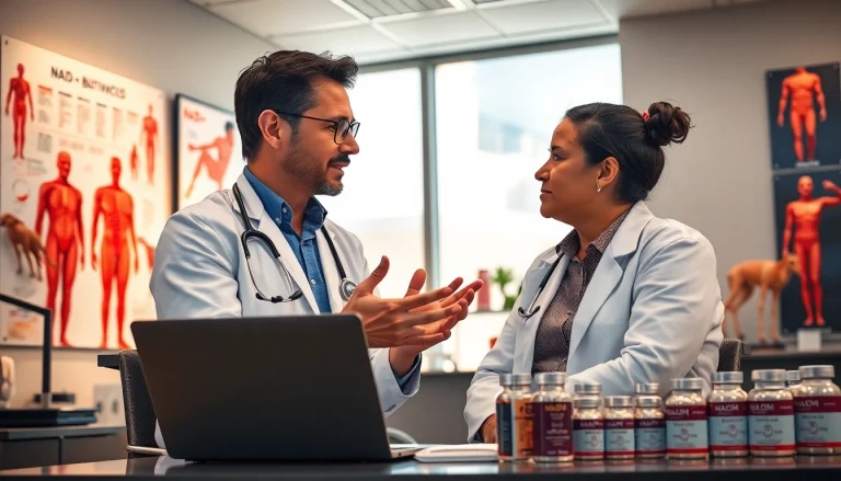 NAD+ expert engaging with a patient in a clinic setting, showcasing benefits and trust in health.