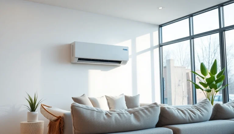 Installing a Daikin mini split AC unit in a modern living room with relaxed ambiance.