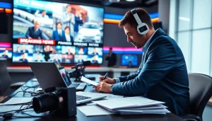 Capture critical news moments with a focused journalist at a newsroom desk.