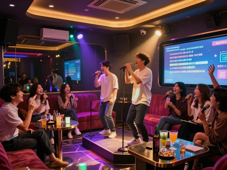 프리미엄 음료를 즐기며 노래하고 있는 손님들과 함께하는 강남달토 노래방의 신나는 밤.