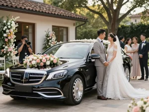 Thuê xe Mercedes cưới cho một buổi lễ sang trọng với cặp đôi xinh đẹp và trang trí hoa.