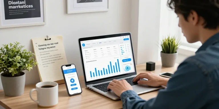 Analyze metrics and strategies to buy real Telegram members in a modern marketing workspace.