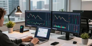 Best cloud mining platform 2026 showcased in a modern office with cryptocurrency trading displays, digital wallets, and DeFi tools.