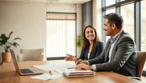 Couple engaging in Family Law Financial Agreements discussion at a modern office table.