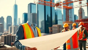 Manhattan Construction Manager inspecting a construction site in urban Manhattan landscape.