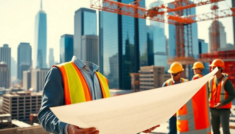 Manhattan Construction Manager inspecting a construction site in urban Manhattan landscape.