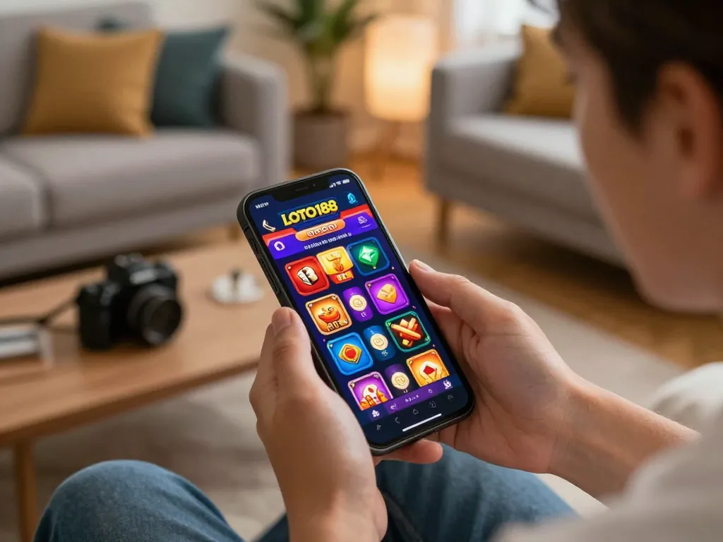 Player engaging with LOTO188 app on smartphone, showcasing vibrant gaming interface in cozy home setting.