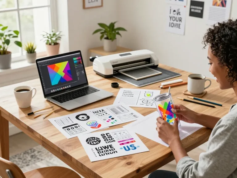 Creative workspace featuring a tumbler design project with various SVG bundle files on display, showcasing a vibrant crafting atmosphere.