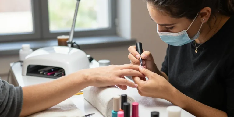 Client primind aplicarea ojei semipermanente profesionale într-un salon de înfrumusețare luminos.