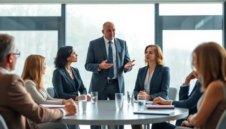 Mediation session led by a professional mediator in a serene office environment.