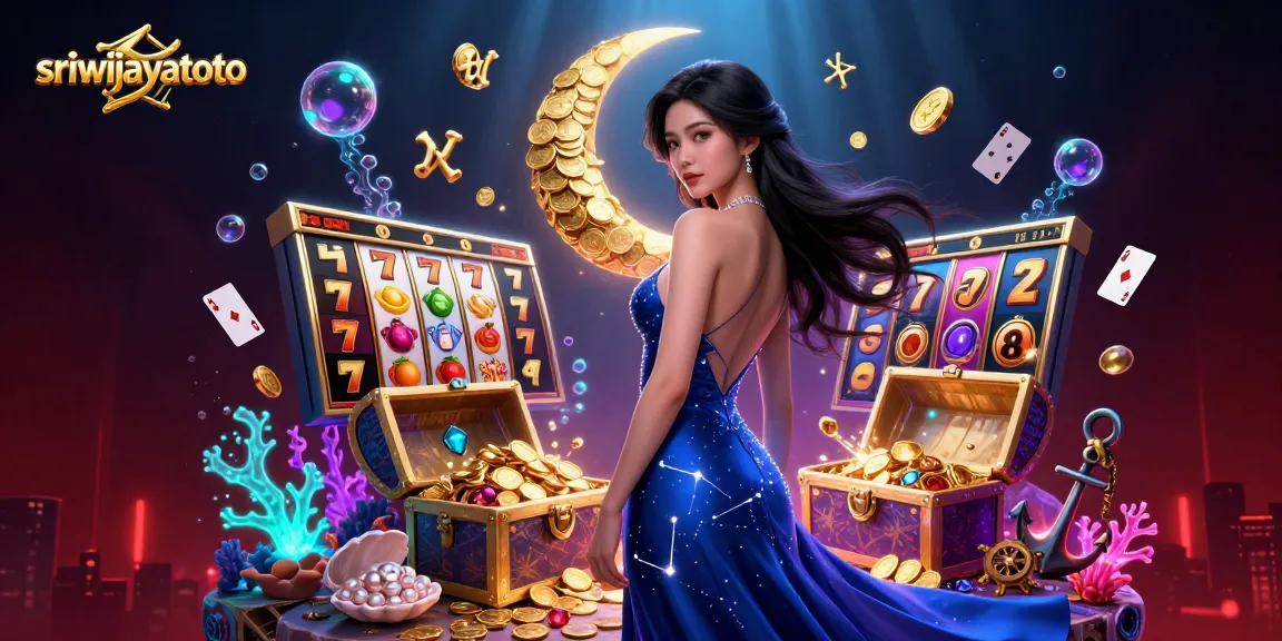 Sriwijayatoto showcases an exciting scene of elegant gaming with slot reels, vibrant gems, and sparkling coins.