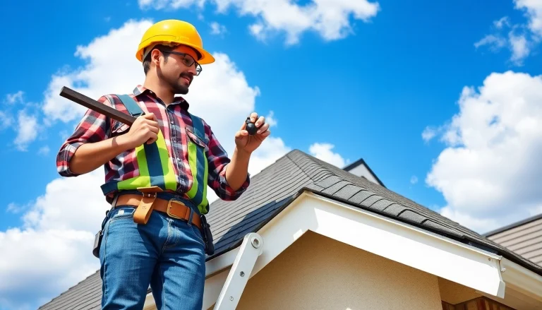 Skilled roofing contractor examining shingles on a residential roof.