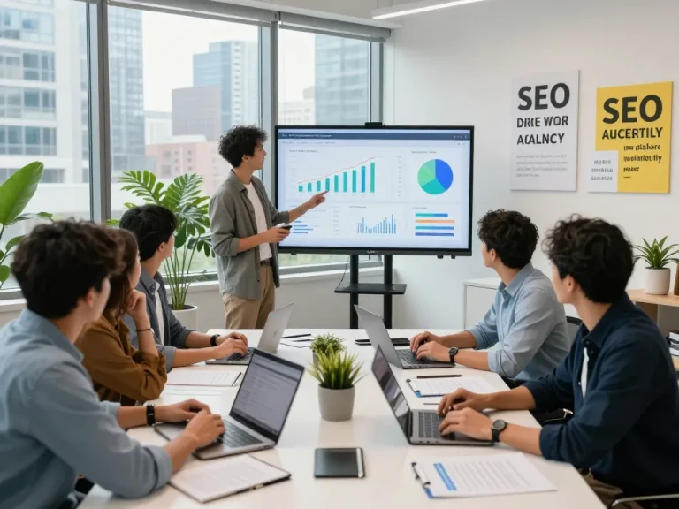 Team collaboration at an NYC SEO Company showcasing strategic growth analytics in a modern office.