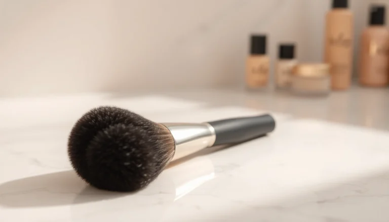 Apply flawless makeup with a dense makeup brush set against a chic marble backdrop.