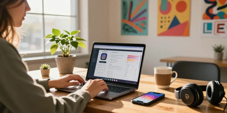 Engaging workspace for comprar seguidores instagram, featuring influencer analyzing social media metrics with vibrant decor.