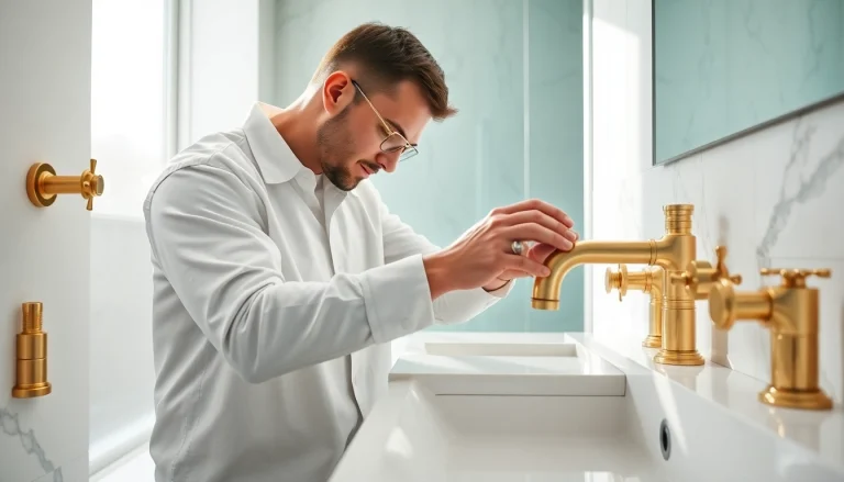 Effiziente Installation durch sonni sanitär GmbH mit eleganten Sanitäranlagen und goldenen Armaturen.