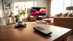 Sony RMT-TX100D auf einem eleganten Tisch in einem modernen Wohnzimmer arrangiert.
