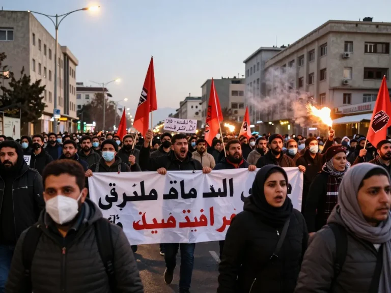 Tehran protests with passionate crowds holding banners and flags in urban streets.