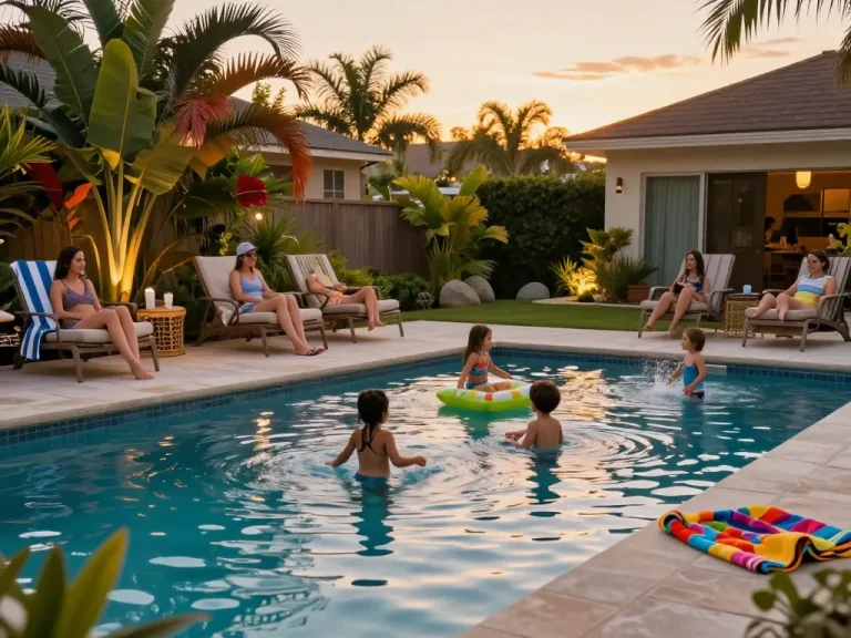 Dolphin Pool Services offers inviting family-friendly pool service, showcasing a joyful backyard scene with children playing and adults relaxing.