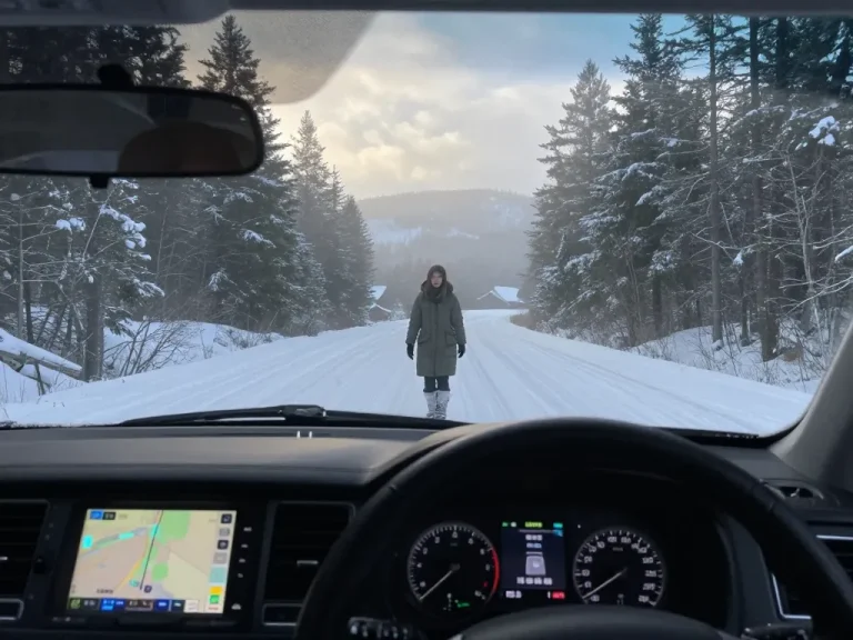 A woman driving through a snowy Minnesota landscape in Dead of Winter, evoking a sense of suspense and isolation.