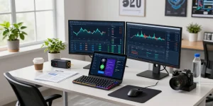 Crypto mining platform workspace showcasing advanced mining metrics, hardware wallet, and decentralized finance tools in a modern professional office setting.