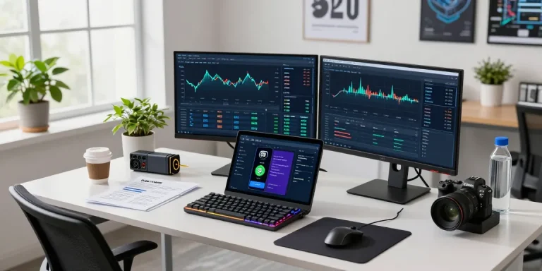 Crypto mining platform workspace showcasing advanced mining metrics, hardware wallet, and decentralized finance tools in a modern professional office setting.