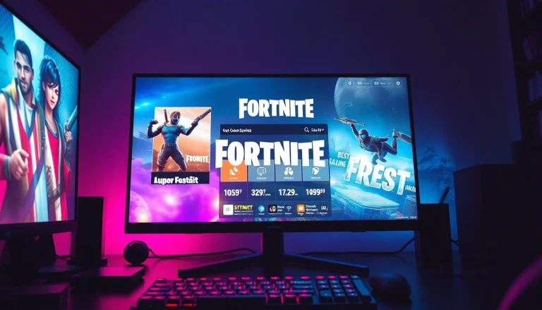 Explore exciting features of the Best Fortnite script with a vibrant gaming setup and action-packed visuals.