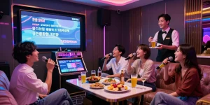 강남 가라오케에서 즐거운 시간을 보내는 친구들, 프리미엄 칵테일과 안주가 가득한 세련된 룸 분위기
