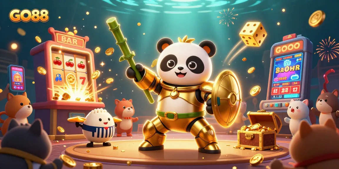 GO88 gaming trends showcased with a 3D golden panda pilot and jackpot elements in a lively casino scene
