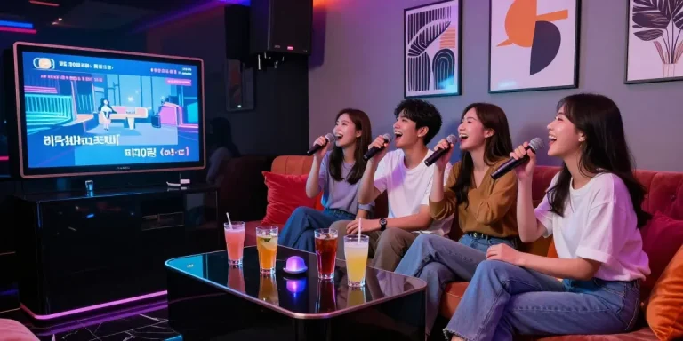 www.gugudanlounge.com/에서 프리미엄 가라오케를 즐기는 친구들, 세련된 공간의 생동감 있는 모습.