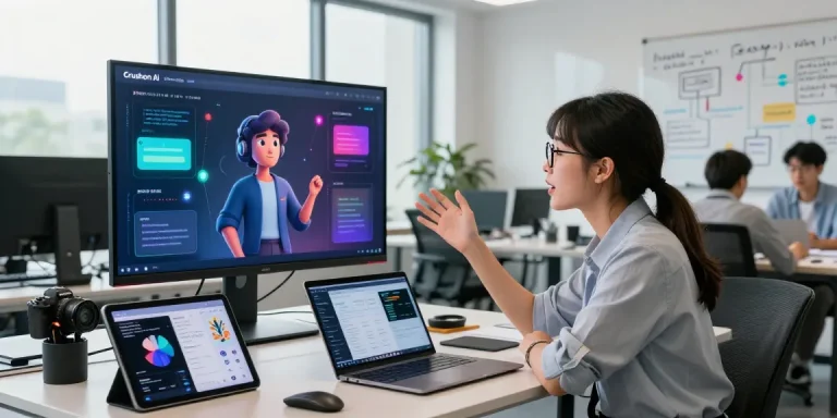 Engaging AI interaction with Crushon in a modern tech workspace, showcasing innovation.