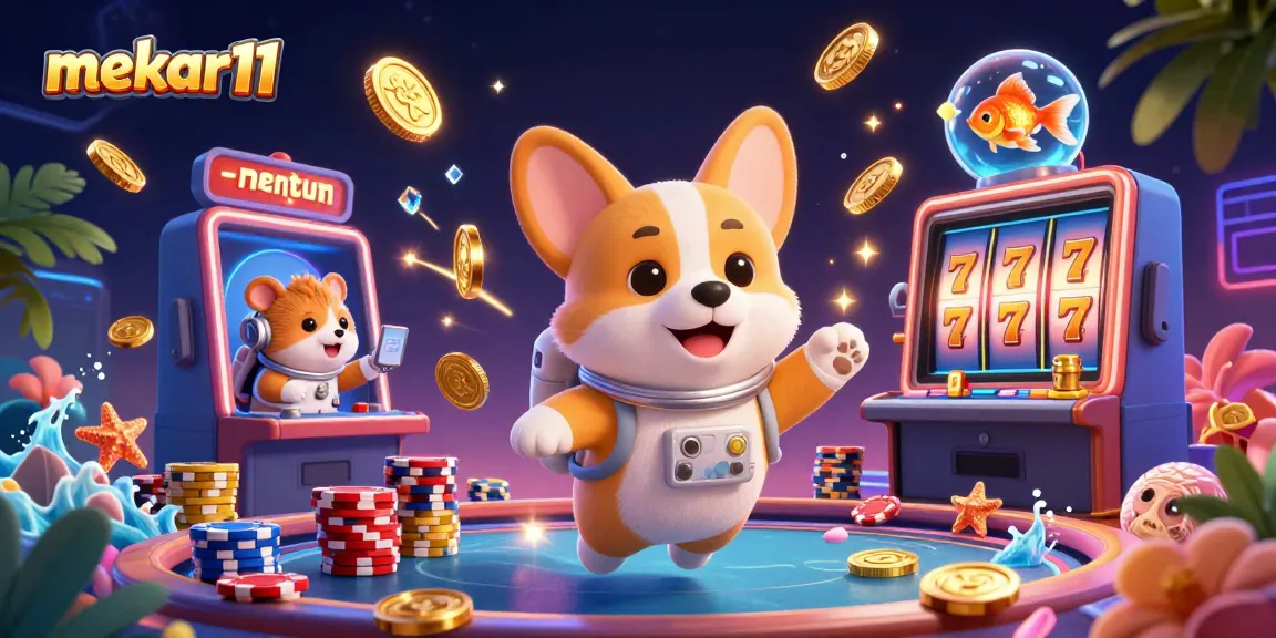 Mekar11 showcases thrilling slot action with a charming corgi astronaut amidst floating chips and coins.