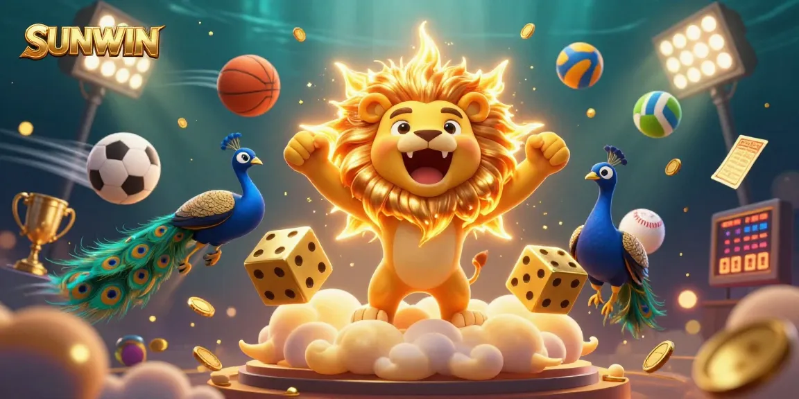 SUNWIN captivates with a dynamic scene featuring a roaring sun lion amid sports elements, embodying thrilling gaming excitement.