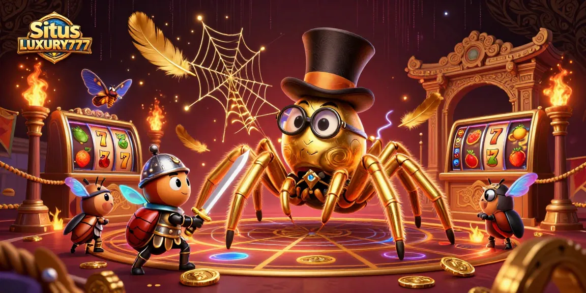 Situs LUXURY777 menampilkan ilustrasi 3D si tarantula emas raksasa dan ksatria kumbang berperang di arena slot