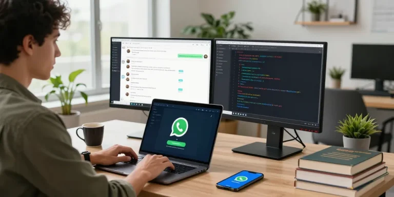 WhatsApp下載 on a developer's laptop in a modern workspace, showcasing app interface and coding environment.