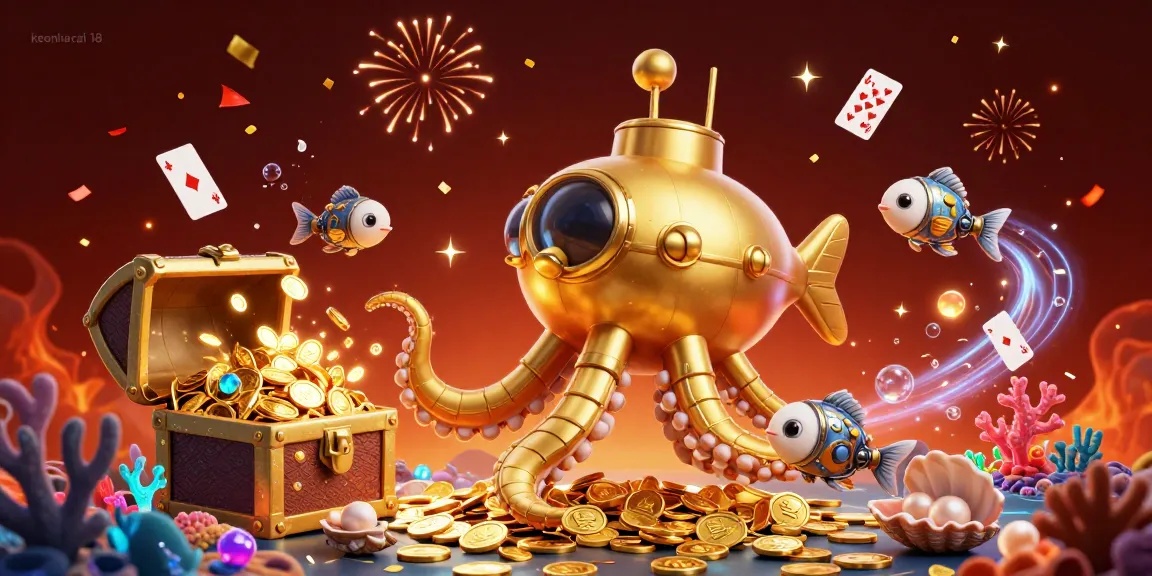 Engage with the thrilling world of keonhacai 18 as a golden kraken submarine emerges amidst coins and playful casino elements.