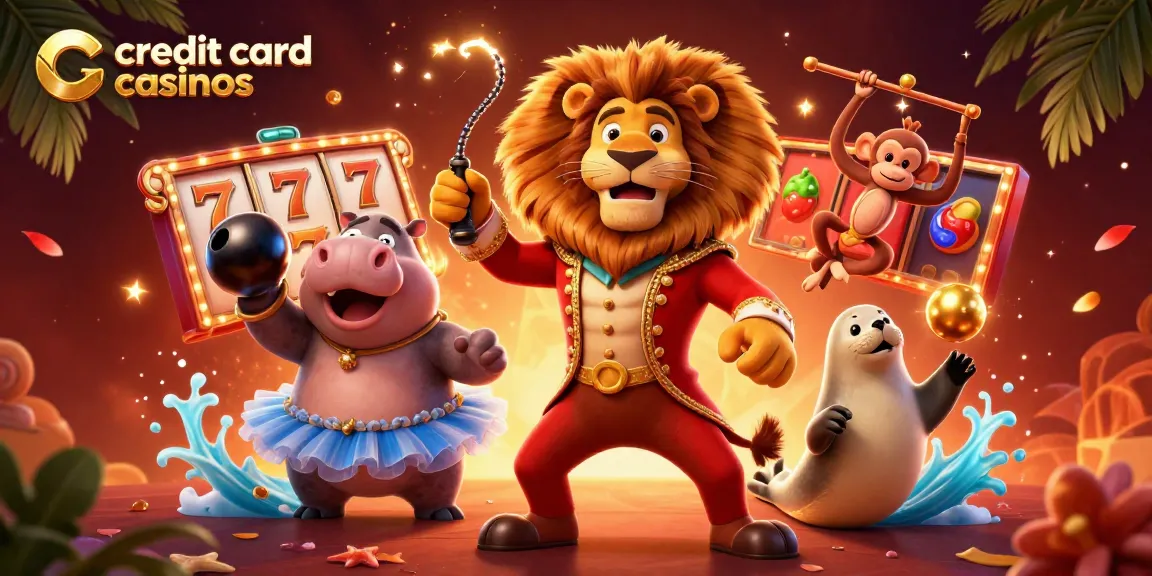 Experience credit card casinos with a lively 3D scene featuring a lion, hippo, and monkey in a vibrant casino atmosphere.