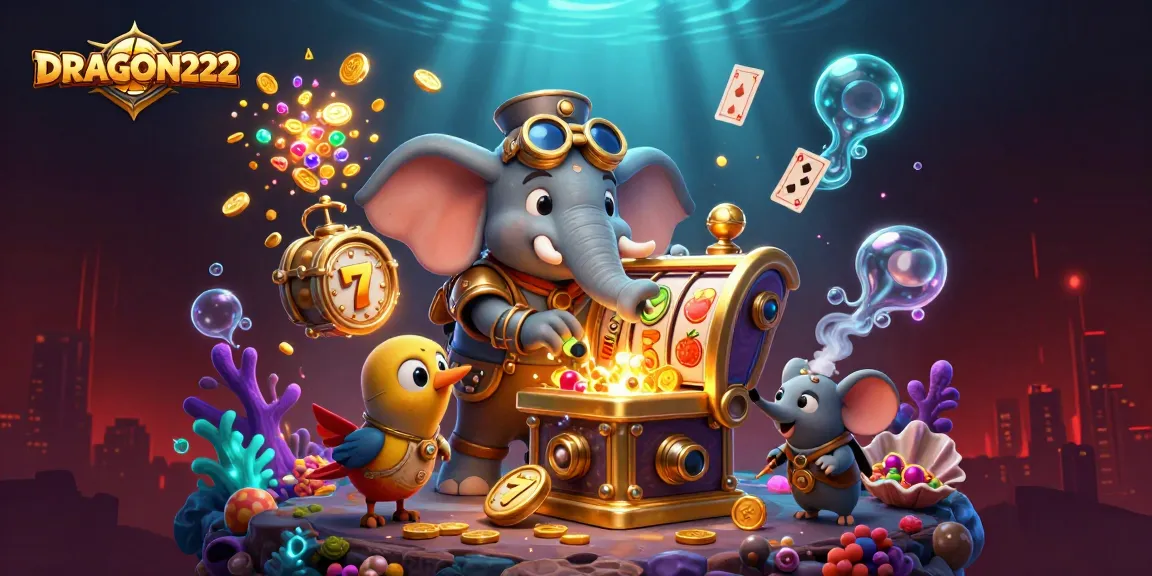Experience the thrill of DRAGON222 with a steampunk elephant highlights exciting slot machine action and vibrant casino elements.