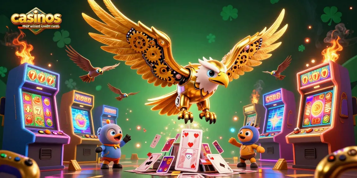 Engaging scene showcasing casinos that accept credit cards with a golden eagle amidst vibrant game elements and slot reels.