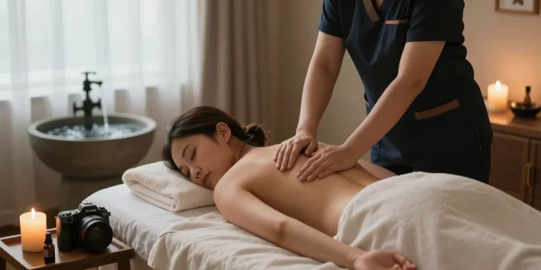 두정동마사지로 편안한 마사지를 받고 있는 모습과 아늑한 분위기의 마사지실