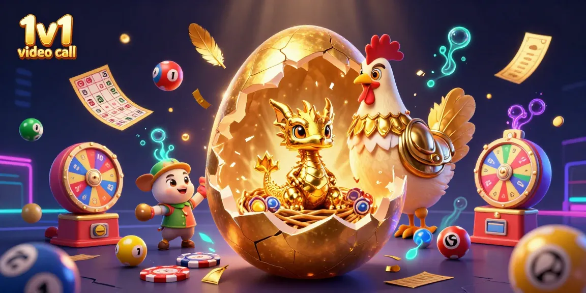 Engage in a thrilling 1v1 video call as a golden baby dragon sits on poker chips, surrounded by lottery elements.