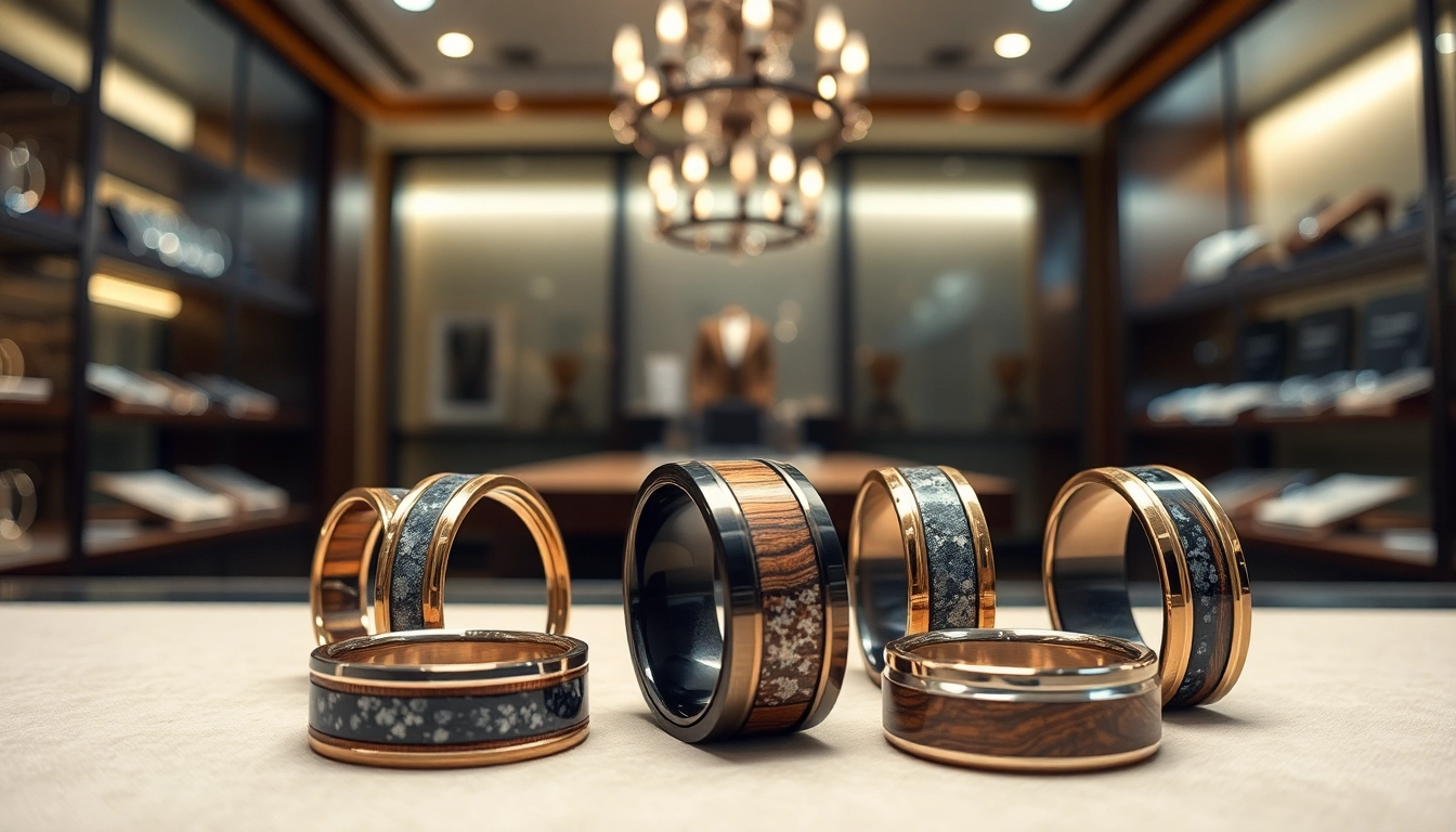 Showcase of Unique Wedding Bands for Men featuring distinctive materials and intricate designs.