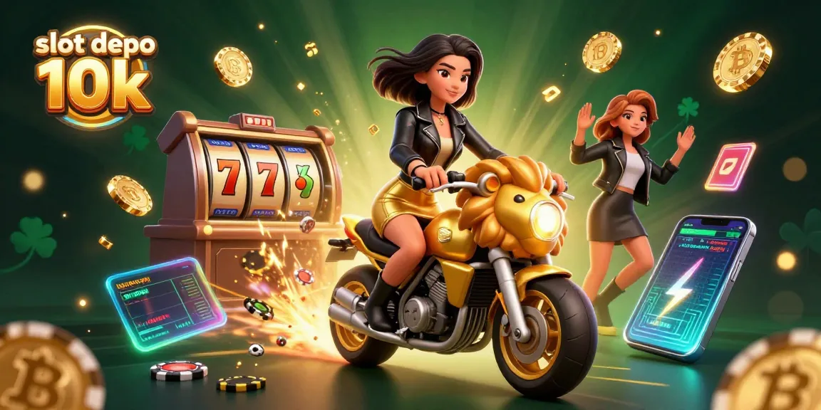 Experience thrilling slot depo 10k action with Asian woman on golden lion amidst vibrant casino elements.